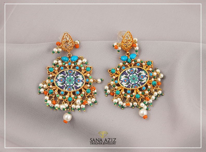 Ratan Arabesque Earrings, with Turquoise, Malachite, Coral and Pearls, from the Arabesque collection.