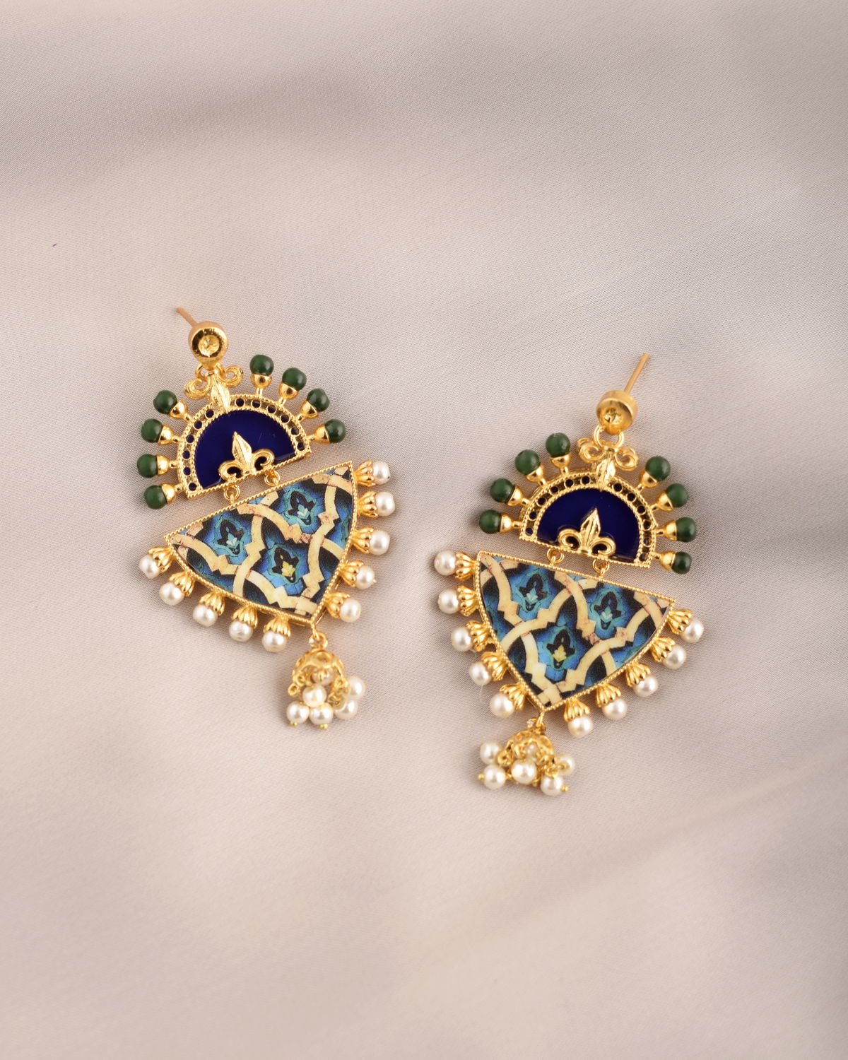 Blue-Green Arabesque Earrings with Malachite and Pearls, from the Arabesque collection.