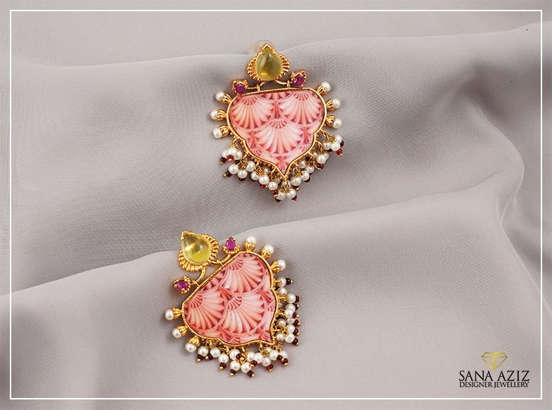 Powder Pink shell Arabesque Earrings with Pearls and custom glass, from the Arabesque collection.
