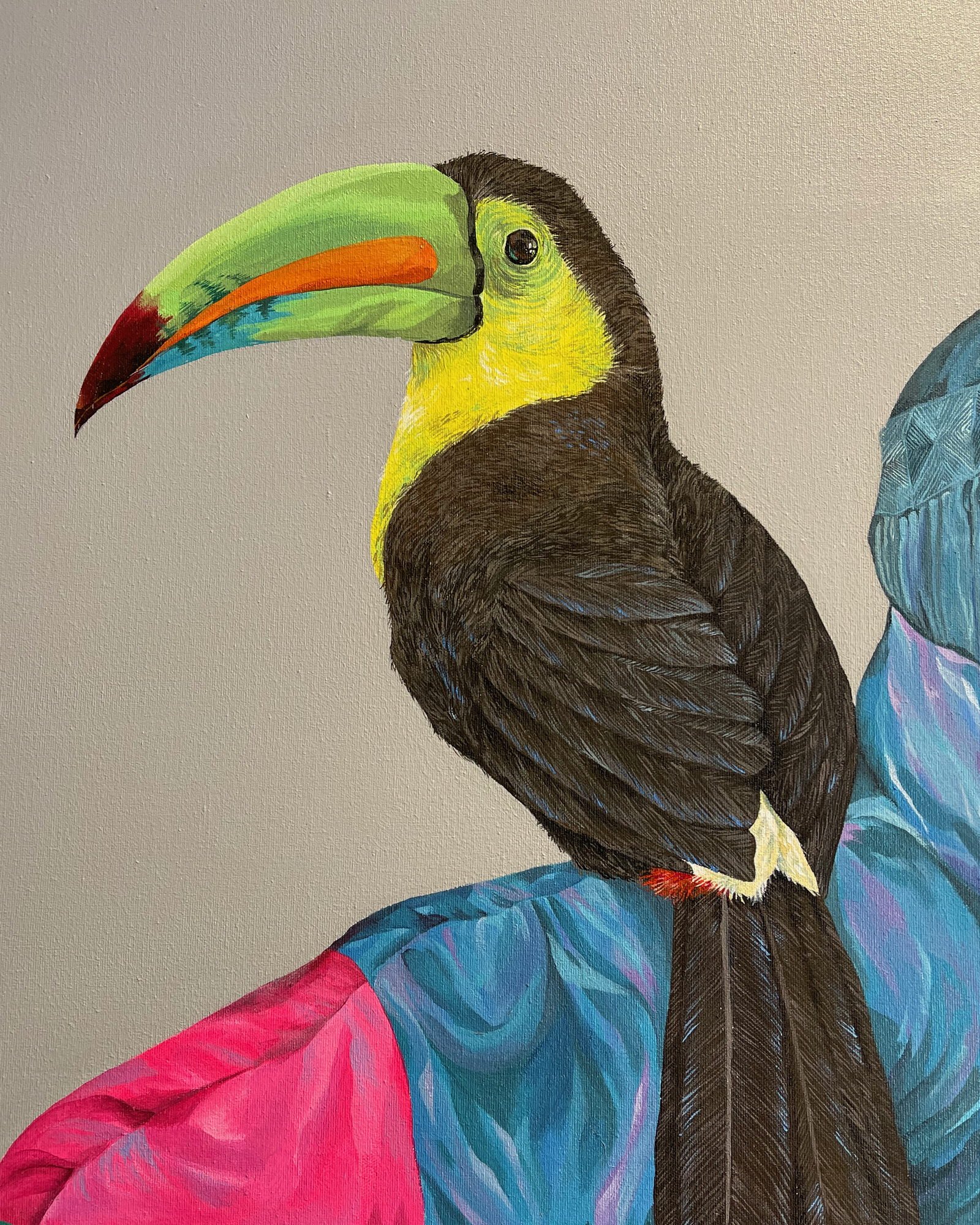 Detail of Woman with Toucan, showing the toucan's beak and plumage against the blocks of pink, teal and blue.