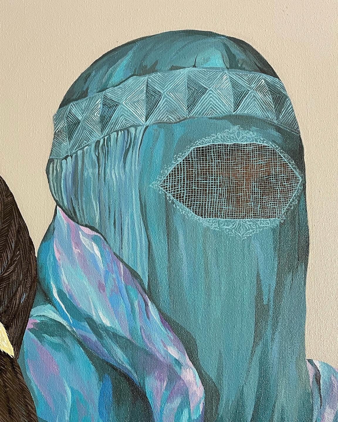 Detail of Woman with Toucan, showing the embroidered mesh panel of the veil.