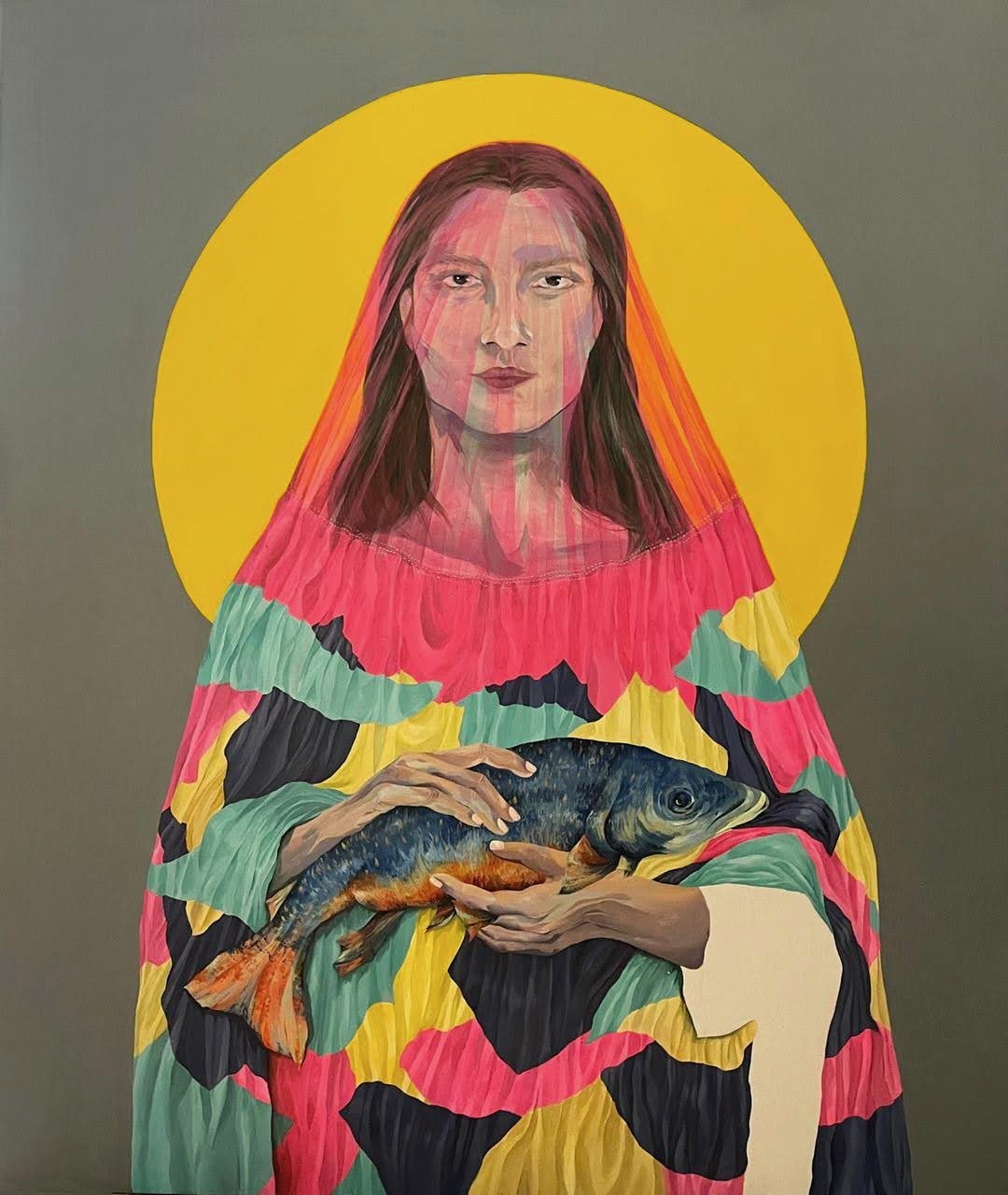 Woman with Fish: an acrylic canvas of a haloed figure in a patterned robe, cradling a large blue fish.