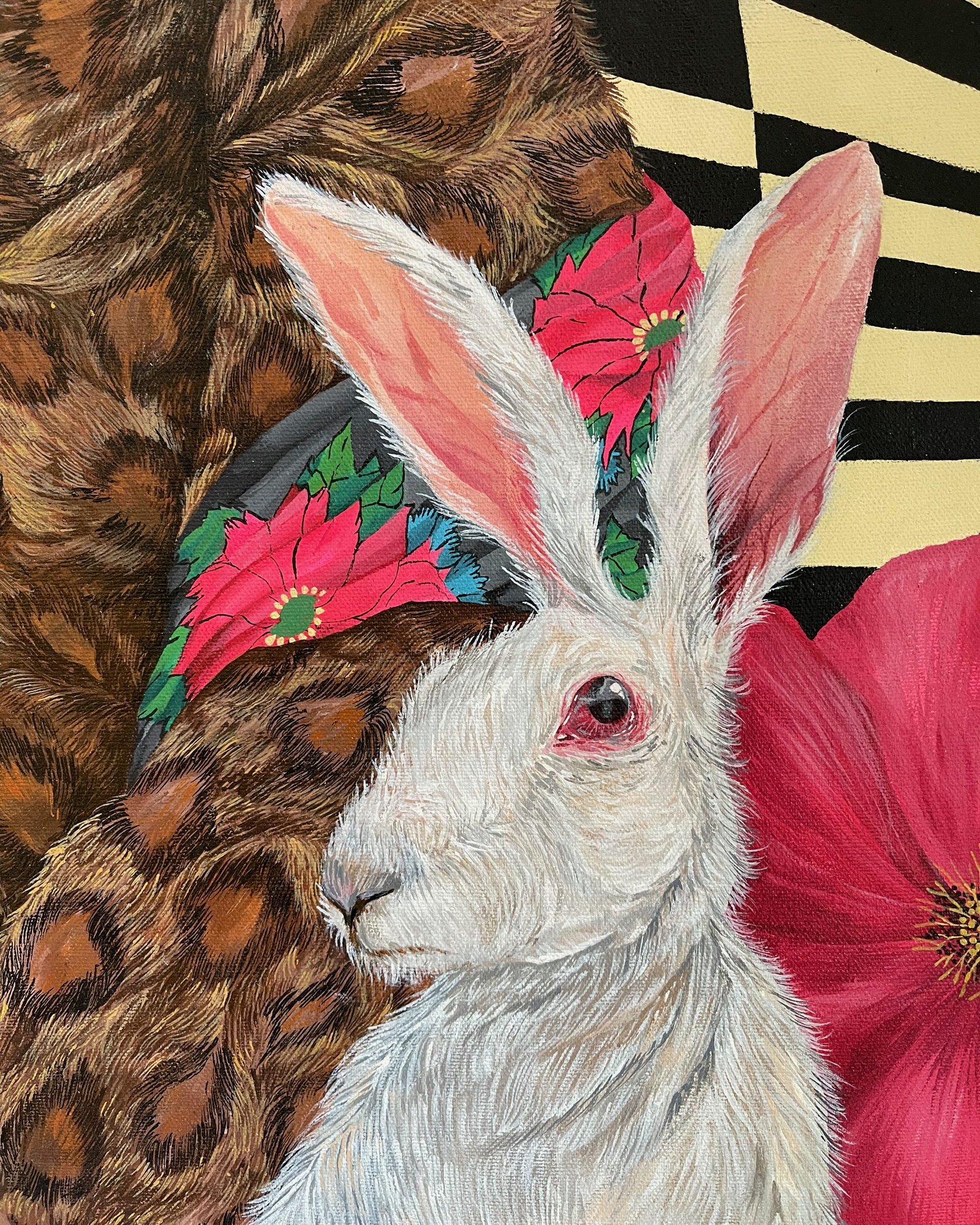 Detail of Man with Oranges, showing the white rabbit against the leopard print and a pink bloom.