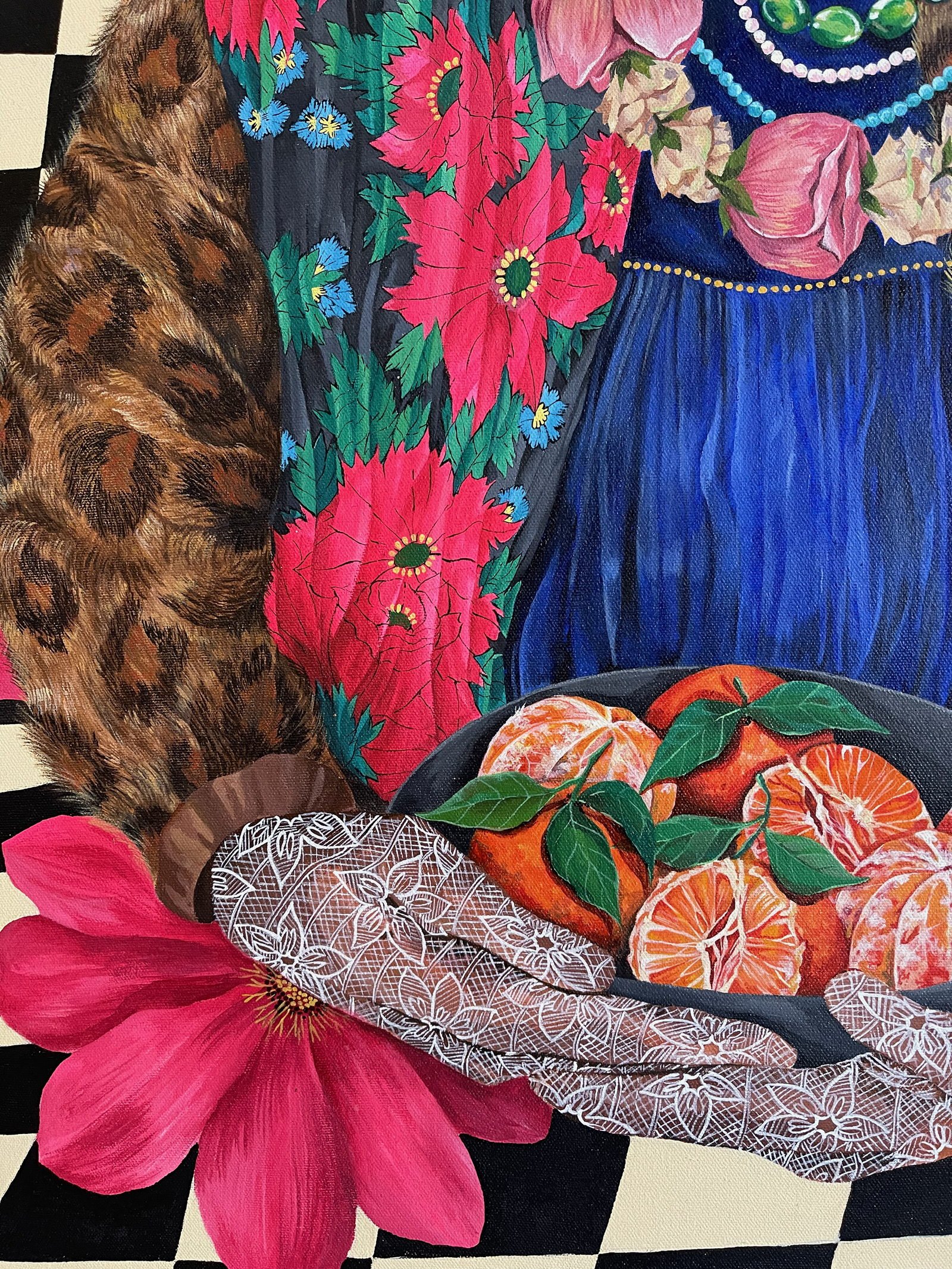 Detail of Man with Oranges, showing the hands, the bowl of oranges and the embroidered cloth.