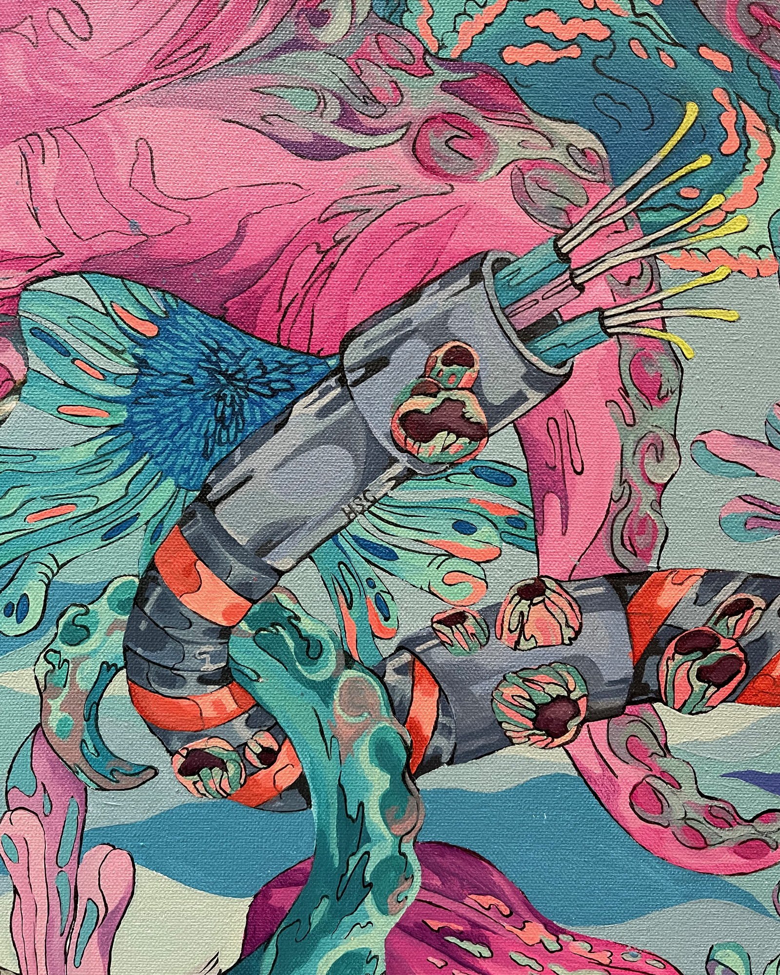 Detail of Underwater, showing a mechanical arm and a bird among the pink and teal forms.