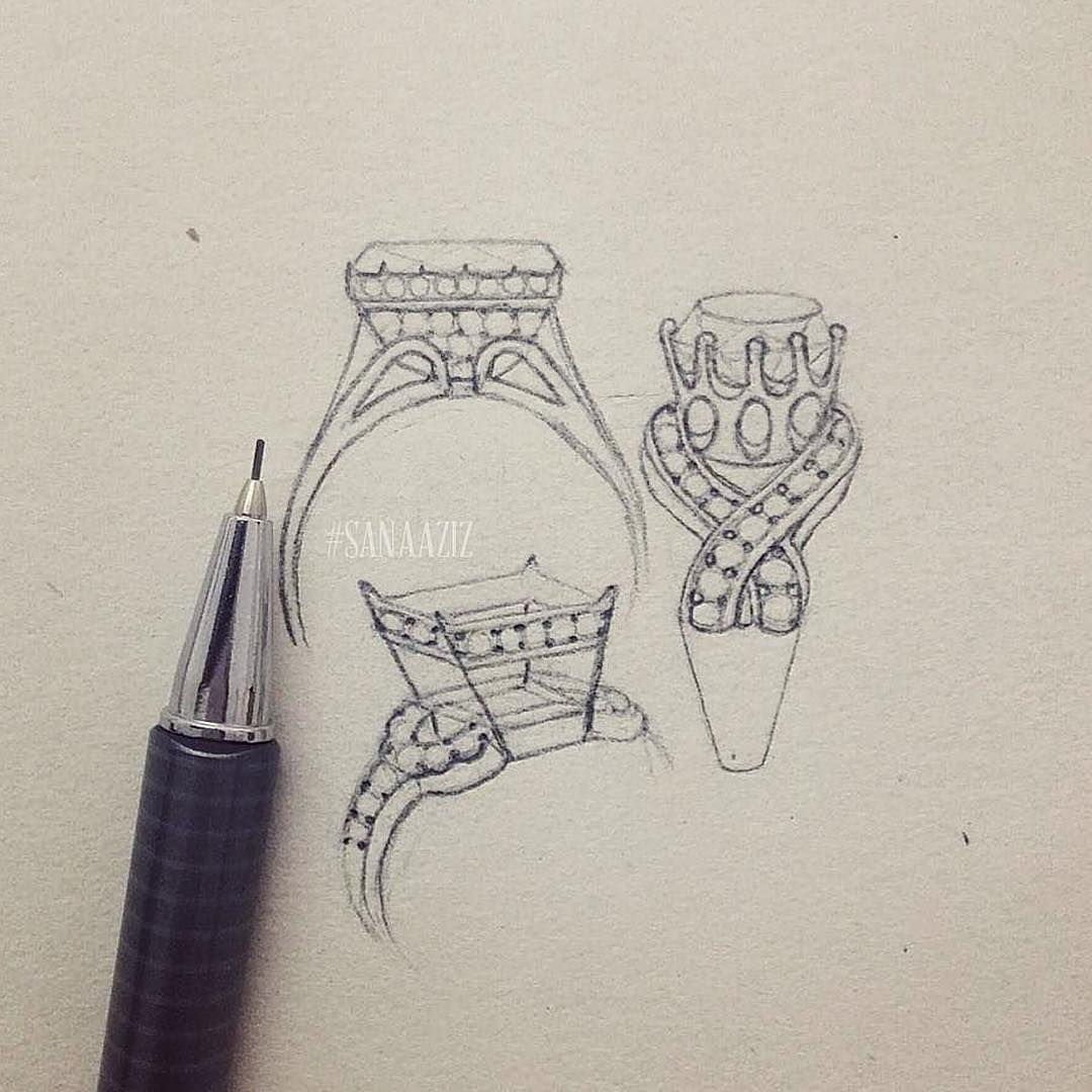 Jewellery design study in pencil and pen on paper, drawing 01.