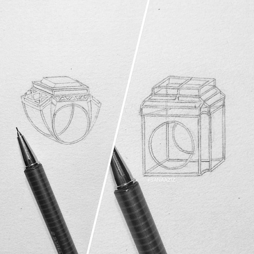 Jewellery design study in pencil and pen on paper, drawing 03.