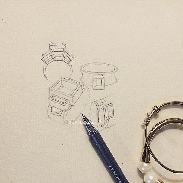 Jewellery design study in pencil and pen on paper, drawing 06.