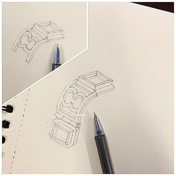 Jewellery design study in pencil and pen on paper, drawing 07.