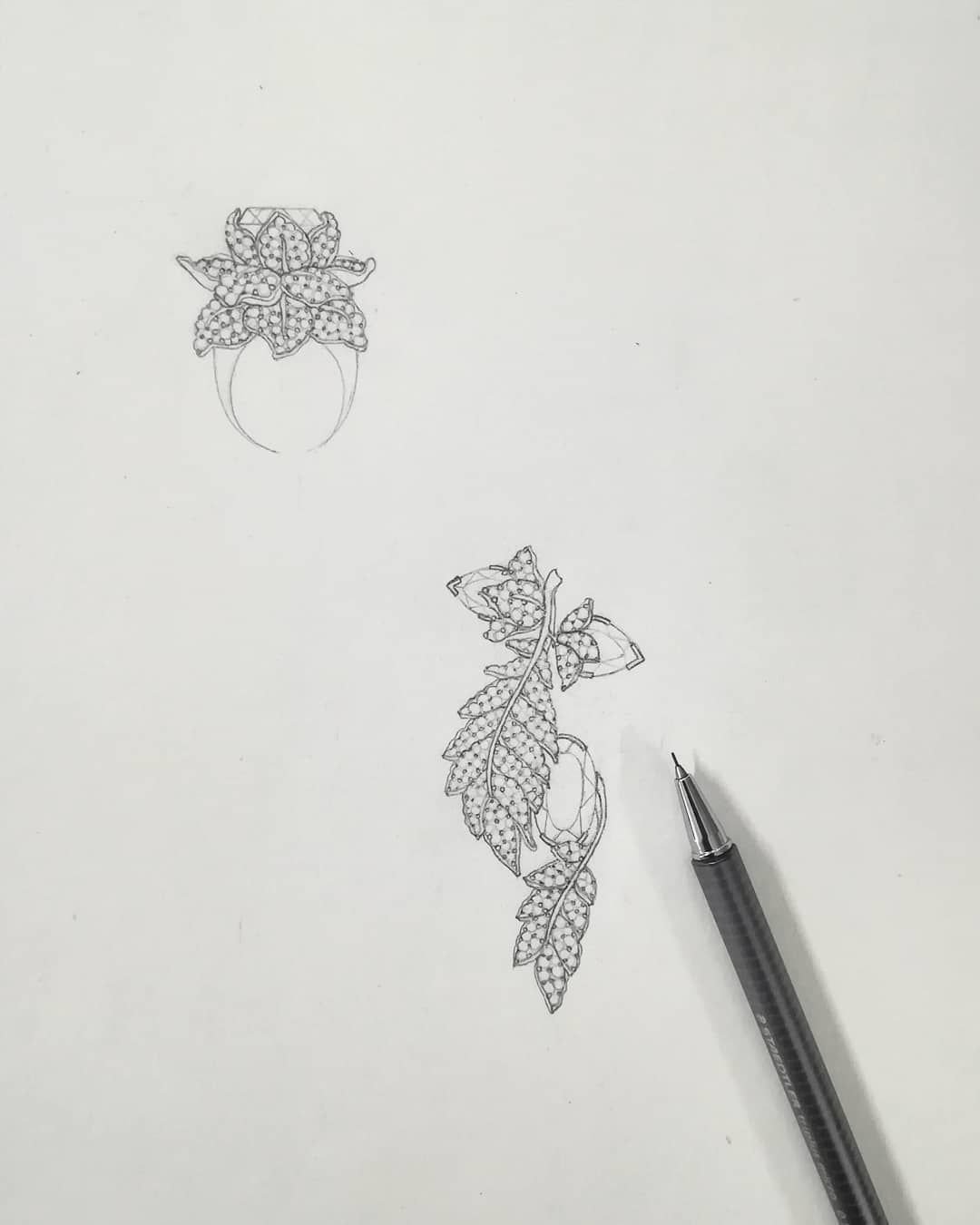 Jewellery design study in pencil and pen on paper, drawing 12.