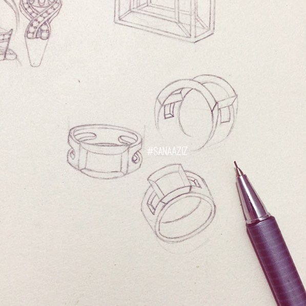 Jewellery design study in pencil and pen on paper, drawing 16.