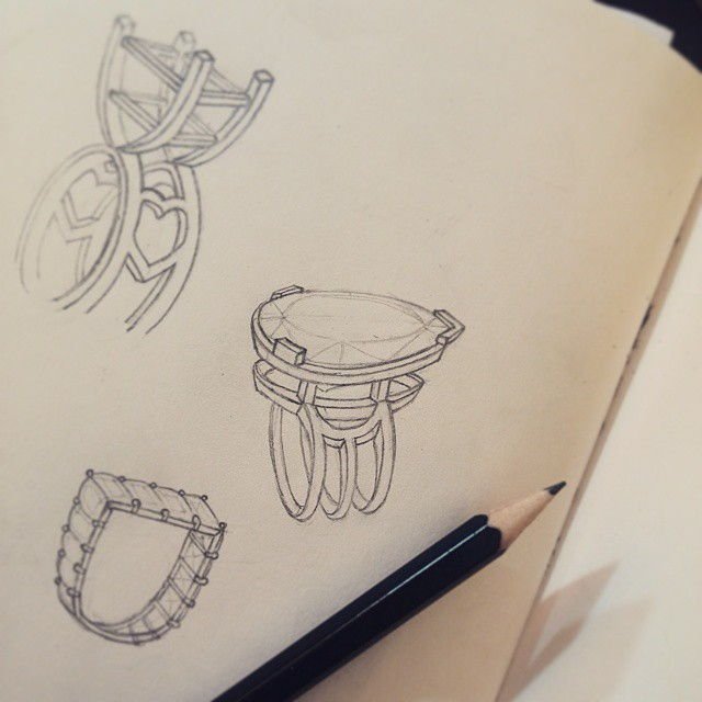 Jewellery design study in pencil and pen on paper, drawing 17.