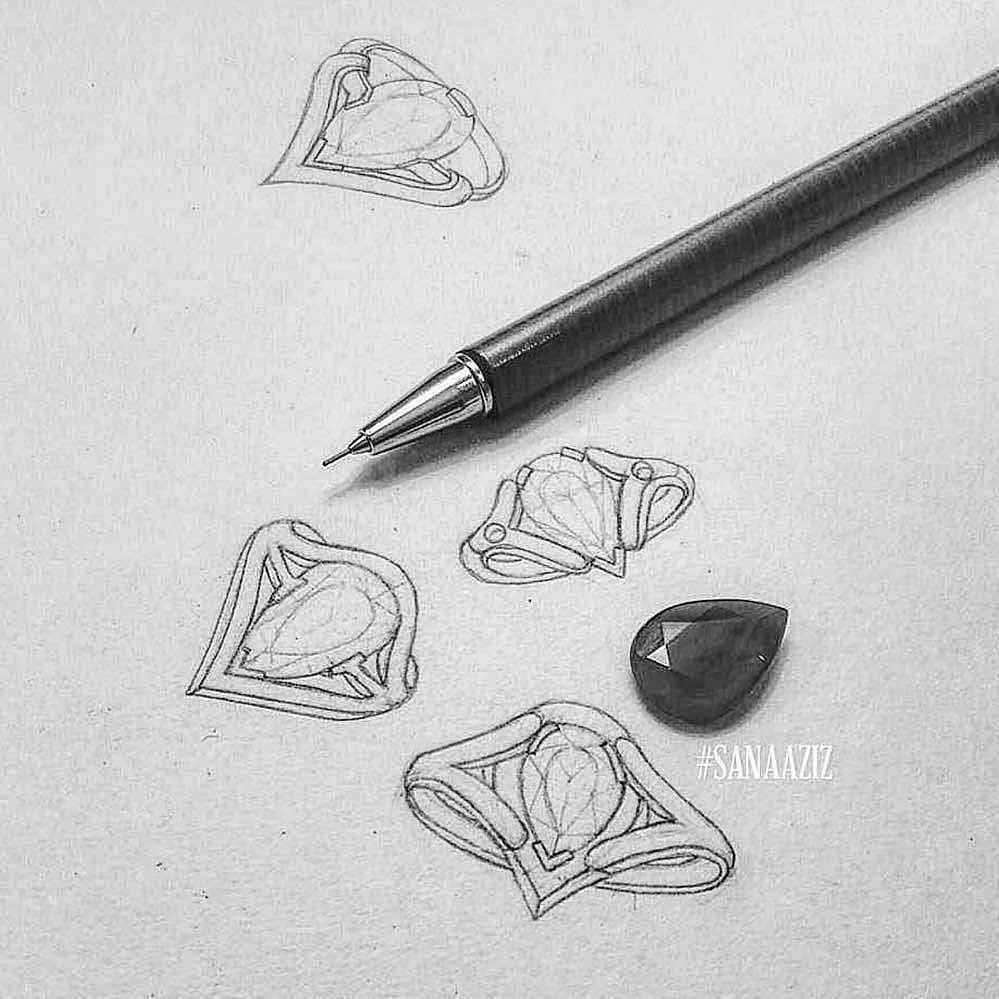 Jewellery design study in pencil and pen on paper, drawing 25.