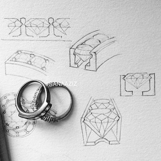 Jewellery design study in pencil and pen on paper, drawing 33.