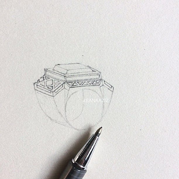 Jewellery design study in pencil and pen on paper, drawing 35.