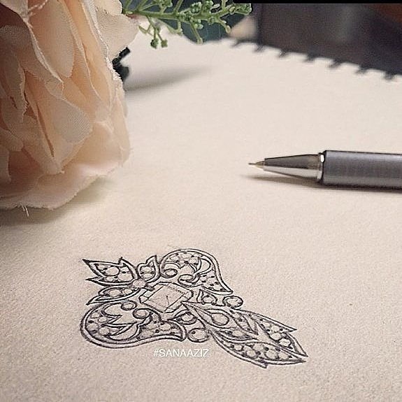 Jewellery design study in pencil and pen on paper, drawing 37.