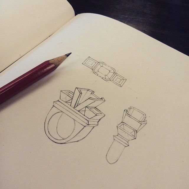 Jewellery design study in pencil and pen on paper, drawing 42.