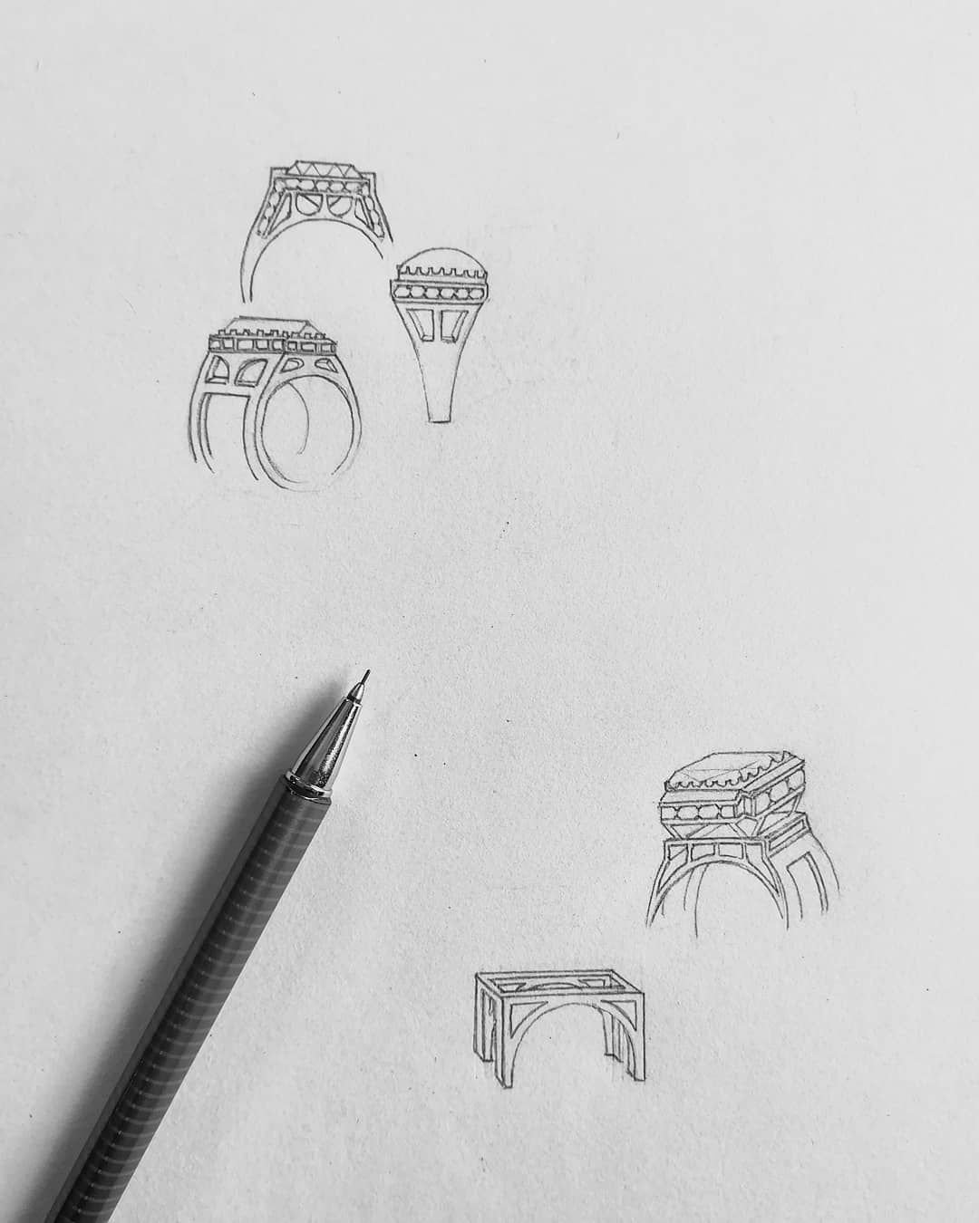 Jewellery design study in pencil and pen on paper, drawing 46.