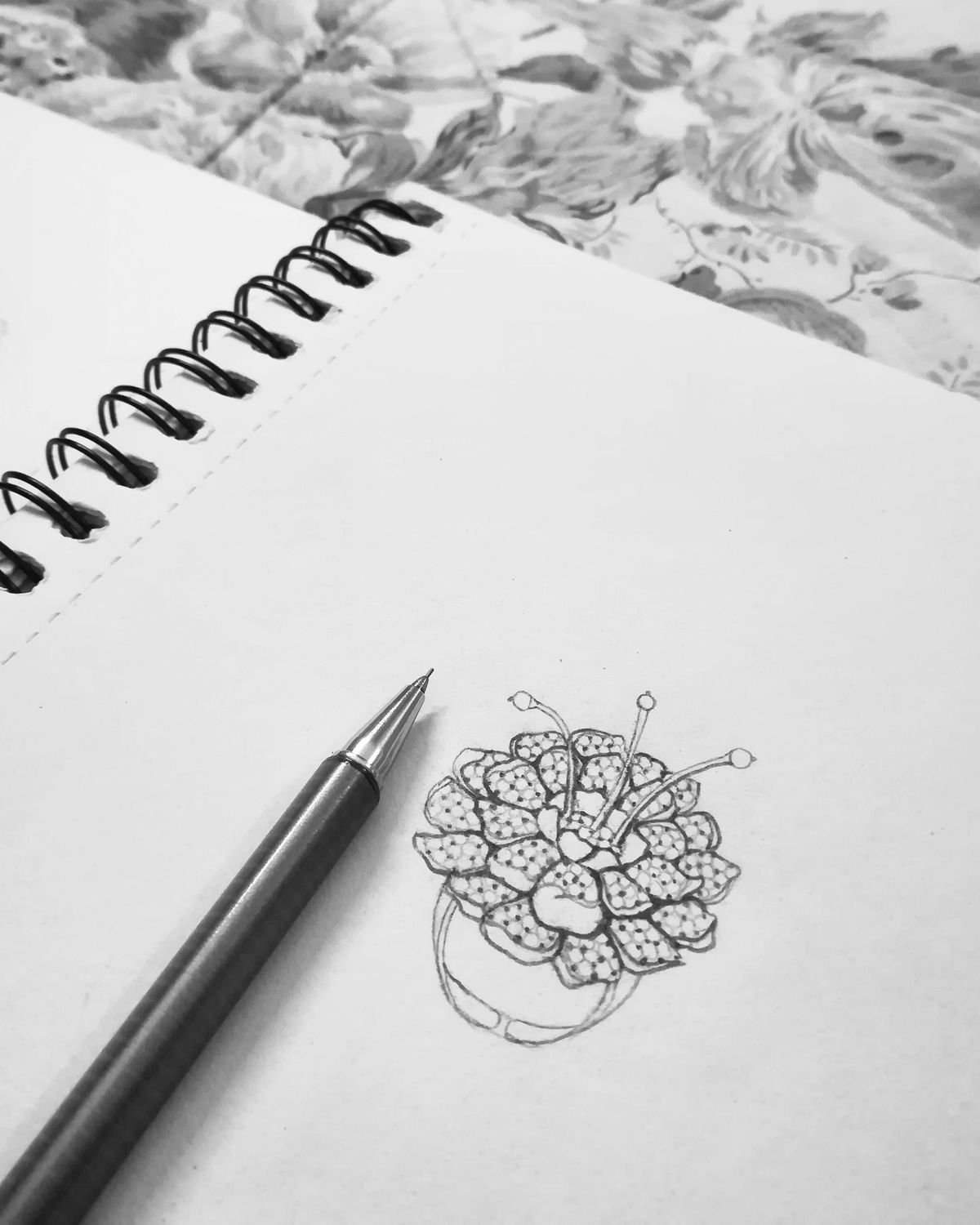 Jewellery design study in pencil and pen on paper, drawing 48.