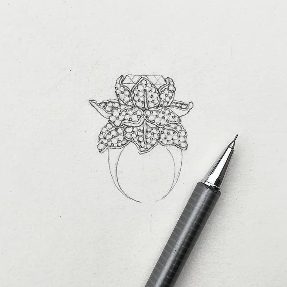 Jewellery design study in pencil and pen on paper, drawing 49.