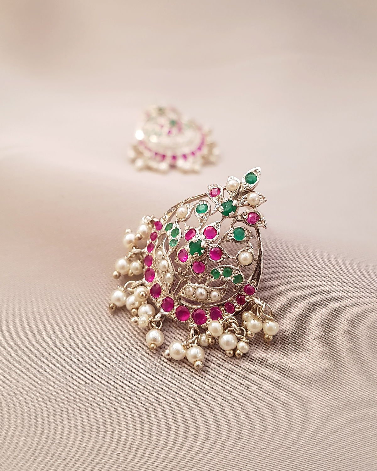 Ratan Filigree Earrings, with Rubies, Emeralds and Pearls, from the Filigree collection.