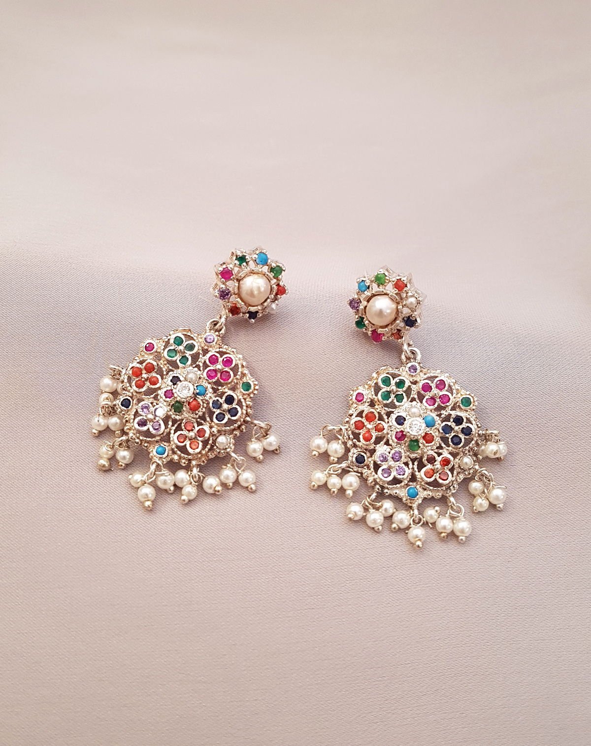 Nauratan Filigree Earrings, with pearl fringe, from the Filigree collection.