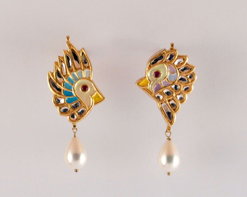 A pair of Safari bird earrings in kundan and enamel, each bird with a large pear-shaped pearl drop.