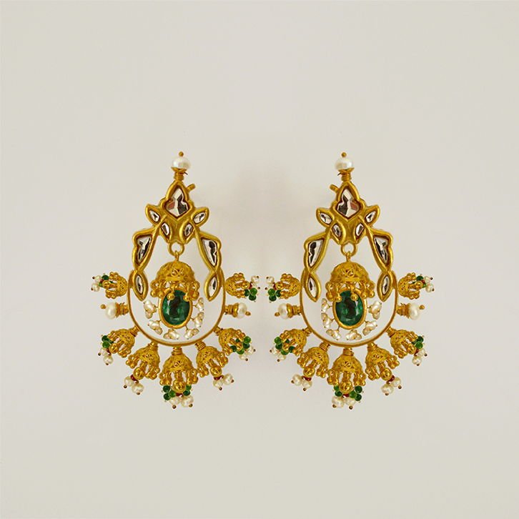 Chandelier Earrings with Emeralds and Pearls, from the Mumtaz collection.