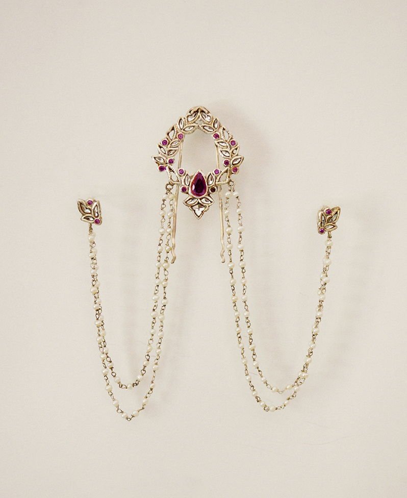 Wreath Hair pin and Earring studs with rubies and pearls, from the Mumtaz collection.
