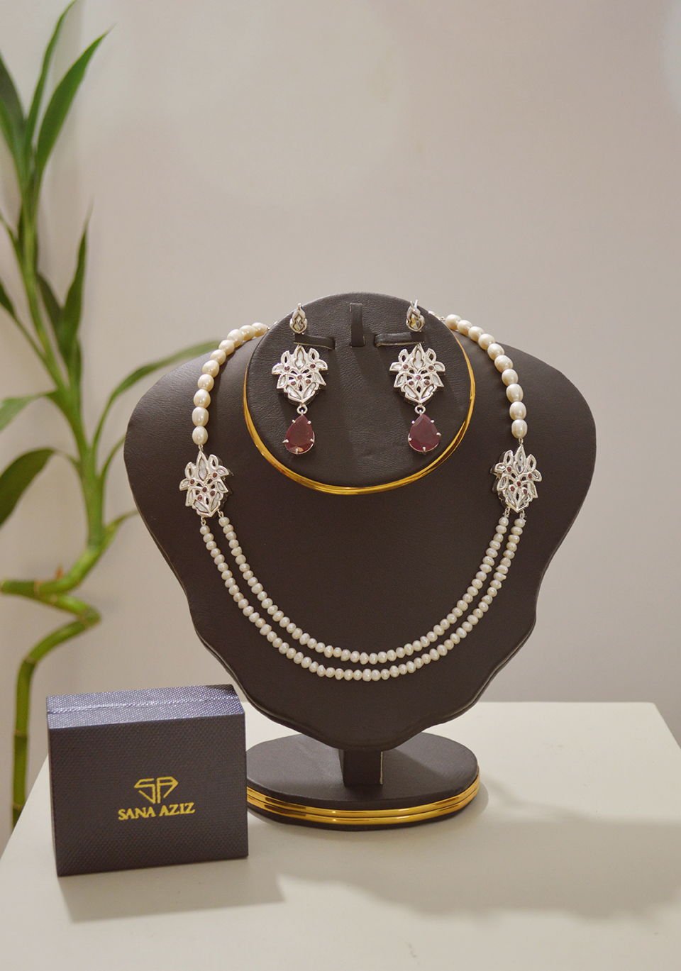 Necklace and Earring set with Ruby Cabochons and Pearls, from the Mumtaz collection.