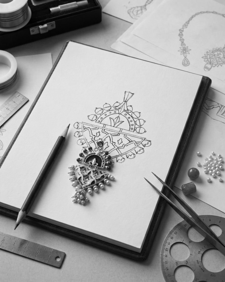 A finished pendant laid on a sketchbook page beside its drawing, with a pencil, ruler, tweezers and a circle template.