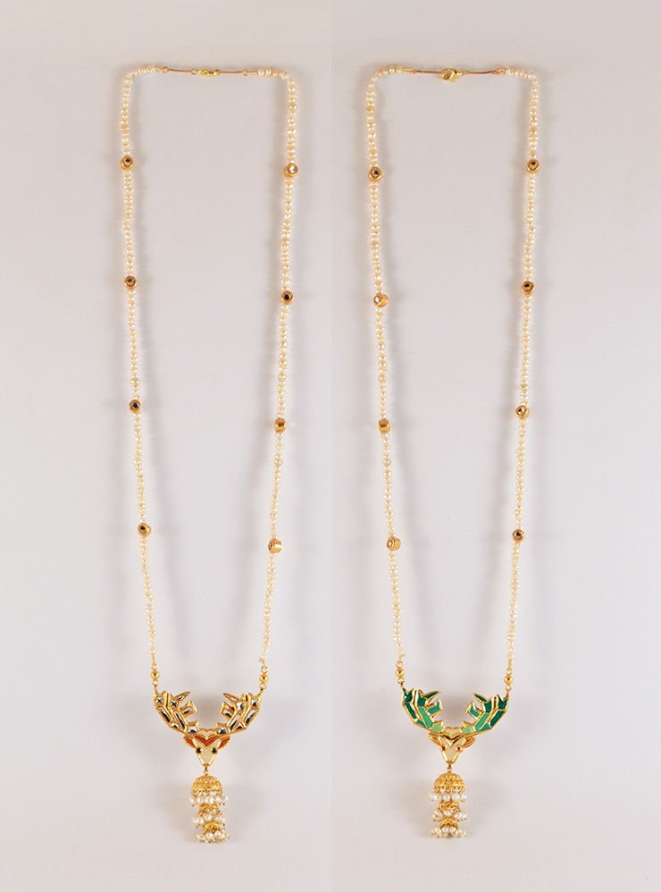 Stag necklace with Pearl tiered jhumka drop, from the Safari collection.