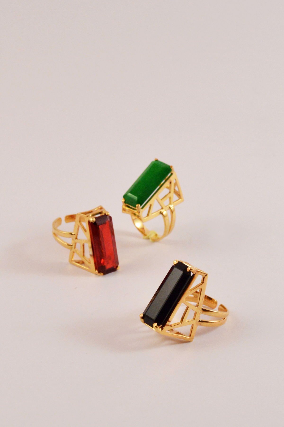 Single Architectural Rings with Onyx, Zircon and Jade, from the Statement Rings collection.